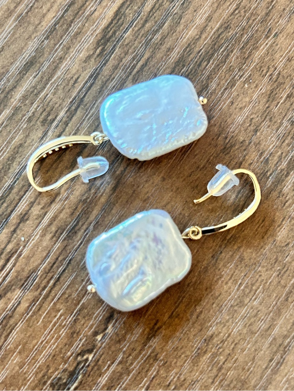 Gold Drop Earrings with Iridescent White Coin Pearls freshwater